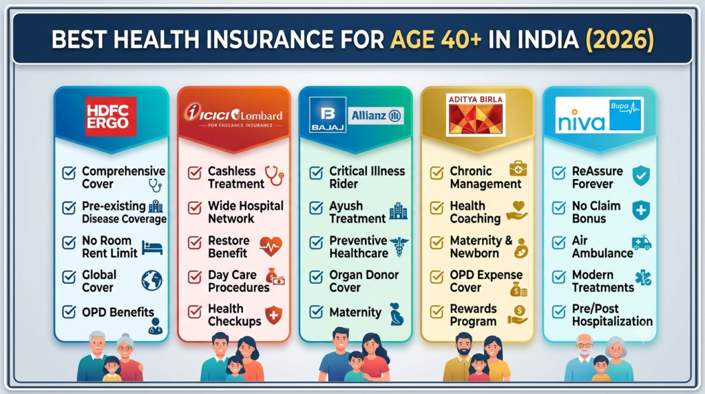Best Health Insurance Policy for Age 40+ in India (2026): HDFC ERGO vs ICICI Lombard vs Bajaj Allianz vs Aditya Birla vs Niva Bupa