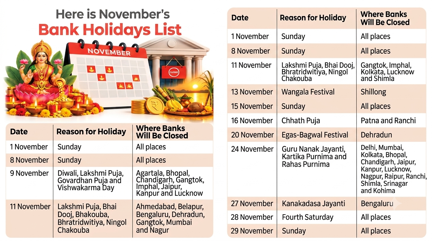  Bank Holidays November 2026: Banks Closed for Up to 16 Days